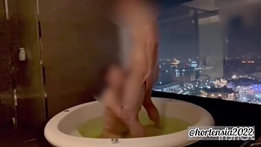 Japanese Amateur Couple having Romantic Sex in Bath with Night View